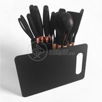 Conjunto Completo de Cozinha Preto com 19 Utensílios em Silicone e Madeira com Porta Talheres Oval