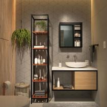 Conjunto Completo Kit Estante Espelheira Gabinete Para Banheiro Sublime Preto Industrial Com Madeira
