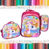 Conjunto Completo Lancheira Mochila E Estojo Infantil Unicórnio Charmoso Rosa Com Brilho Perfeito Para Meninas Barato