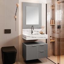 Conjunto Completo para Banheiro Bancada em Porcelanato com Cuba Esculpida, Armário e Espelho Ripy 60cm Cinza