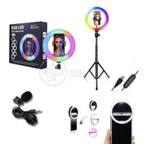 Conjunto Completo - Ring Light RGB + Mini Ring Light + Microfone Lapela + Tripé 1,5m - Aquilae