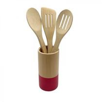 Conjunto Composto com 3 Utensílios e 1 Porta Utensílios de Bambu - Casual Home