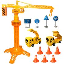 Conjunto Construção de Brinquedo com 2 Caminhões Guindaste 6 Cones 4 Placas Kit Completo