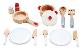 Conjunto Cook & Serve em forma de conjunto de 13 peças de madeira Finge Play com acesso. Conjunto Cook & Serve em forma de conjunto de 13 peças de madeira Finge Play com acesso.