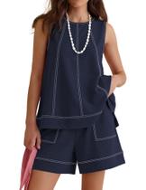 Conjunto Coordenado LOMON Regata Sem Manga e Shorts Azul Marinho Conjunto Coordenado LOMON Regata Sem Manga e Shorts Azul Marinho