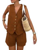 Conjunto Coordenado PRETTYGARDEN Colete Marrom Sem Mangas com Shorts XS