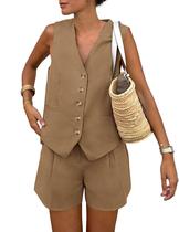 Conjunto Coordenado PRETTYGARDEN Colete Regata e Shorts Café P