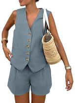 Conjunto Coordenado PRETTYGARDEN Colete Regata e Shorts Cinza Azul P Azul XS Conjunto Coordenado PRETTYGARDEN Colete Regata e Shorts Cinza Azul P Azul XS
