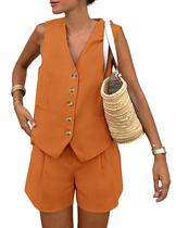 Conjunto Coordenado PRETTYGARDEN Colete Sem Mangas e Shorts Marrom Laranja M