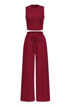 Conjunto Coordenado PRETTYGARDEN Top Cropped e Calça Pantalona Vinho Vermelho S