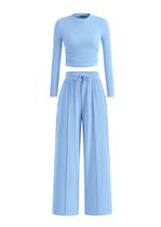 Conjunto Coordinado PRETTYGARDEN 2 Piezas Top Corto de Manga Larga y Pantalones Palazzo de Pierna Ancha Azul Claro XXL