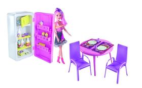 Conjunto Copa Cozinha Infantil Geladeira com Boneca Acessórios e Mesa Completa - Rosa