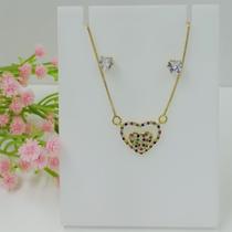 Conjunto Coração Colorido Folheado a Ouro 100374 Conjunto Coração Colorido Folheado a Ouro 100374