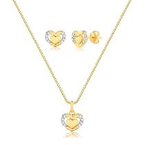 Conjunto Coração Com Pedras De Zircônia Folheado A Ouro Conjunto Coração Com Pedras De Zircônia Folheado A Ouro