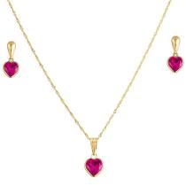 Conjunto Coração Corrente Pingente e Brincos Vermelho Rubi Ouro 18k Conjunto Coração Corrente Pingente e Brincos Vermelho Rubi Ouro 18k