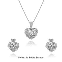 Conjunto Coração Cravejado Zircônias Folheado Ródio Branco Conjunto Coração Cravejado Zircônias Folheado Ródio Branco