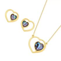 Conjunto coração folheado a ouro abalone