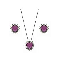 Conjunto coração fucsia fusion banhado a ródio negro Conjunto coração fucsia fusion banhado a ródio negro
