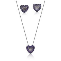 Conjunto Coração Microcravejado Banhado a Ródio Negro - Semijoias Conjunto Coração Microcravejado Banhado a Ródio Negro - Semijoias