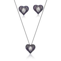 Conjunto Coração Microcravejado Roxo Banhado a Ródio Negro - Joias Elegantes Conjunto Coração Microcravejado Roxo Banhado a Ródio Negro - Joias Elegantes