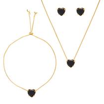 Conjunto Coração Pedra Preta Folheado A Ouro 18k Conjunto Coração Pedra Preta Folheado A Ouro 18k