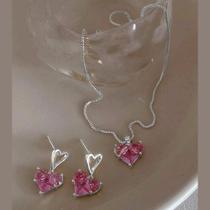Conjunto Coração Rosa Com Zircônia Folheado A Prata Antialérgico - SHPRI036 P
