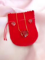 Conjunto Coração Rosa Rubi Folheado a Ouro 18k