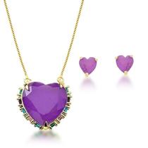Conjunto coração roxo com pedras coloridas na lateral Conjunto coração roxo com pedras coloridas na lateral
