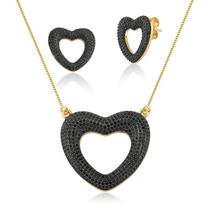 CONJUNTO CORAÇÃO VAZADO E MOLDURA CRAVEJADA PRETO Preta