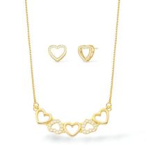Conjunto corações com zircônias banhado ouro 18k