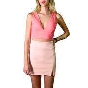 Conjunto Coral Cropped com Decote e Saia Xadrez com Fenda Lateral Rosa Tendência Blogueira Estilo Gringa Lush