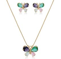 Conjunto Cordão Pingente Brinco Borboleta Colors Semijoias