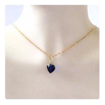 Conjunto Cordão Pingente Coração Pedra Azul Safira Ouro 18k