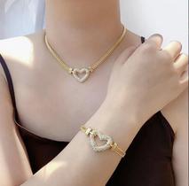 Conjunto cordão + pulseira coração vazado banhada a ouro