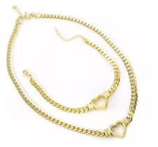 Conjunto Cordão + Pulseira Feminina Coração Vado Banhada A