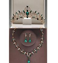 Conjunto coroa colar brincos noivas debutantes 15 anos cor verde esmeralda