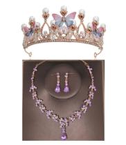 Conjunto coroa tiara colar brinco borboleta rosa lilas debutante daminhas Conjunto coroa tiara colar brinco borboleta rosa lilas debutante daminhas