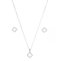 Conjunto Corrente 45cm Pingente E Brinco Trevo Prata 925