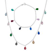 Conjunto Corrente Choker E Pulseira Com Pingentes Gotas Coloridas De Prata 925