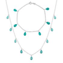 Conjunto Corrente Choker E Pulseira Com Pingentes Gotas Verdes De Prata 925