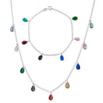 Conjunto Corrente Choker E Pulseira Gota Colorida Prata 925 Conjunto Corrente Choker E Pulseira Gota Colorida Prata 925