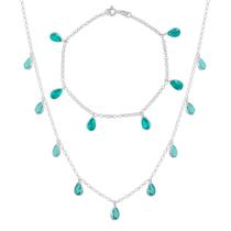 Conjunto Corrente Choker E Pulseira Gotas Verdes Prata 925