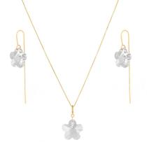 Conjunto Corrente Colar 50cm Flor Cristal Pingente Brinco Ouro 18k Conjunto Corrente Colar 50cm Flor Cristal Pingente Brinco Ouro 18k