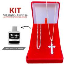 Conjunto Corrente Colar Crucifixo + Pulseira Grumet Fininha