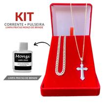 Conjunto Corrente Colar Crucifixo + Pulseira Grumet Fininha