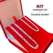 Conjunto Corrente De Prata 70Cm + Pulseira Fina 3Mm Legítima