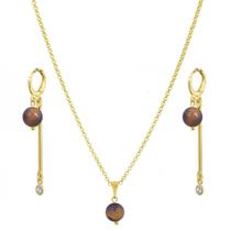 Conjunto corrente e brincos pedra natural olho de tigre, joia antialérgica banhada em ouro 18k. Conjunto corrente e brincos pedra natural olho de tigre, joia antialérgica banhada em ouro 18k.