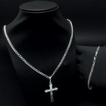 Conjunto Corrente Grumet 3mm 70cm Pingente Crucifixo Diamantado E Pulseira Prata 925 Legitima