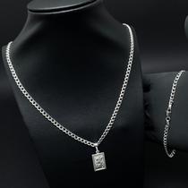 Conjunto Corrente Grumet 70cm 3mm Pulseira 21cm E Pingente São Jorge Borda Prata 925 Legitima
