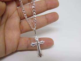 Conjunto Corrente Grumet + Pingente Crucifixo Em Prata 925 Conjunto Corrente Grumet + Pingente Crucifixo Em Prata 925